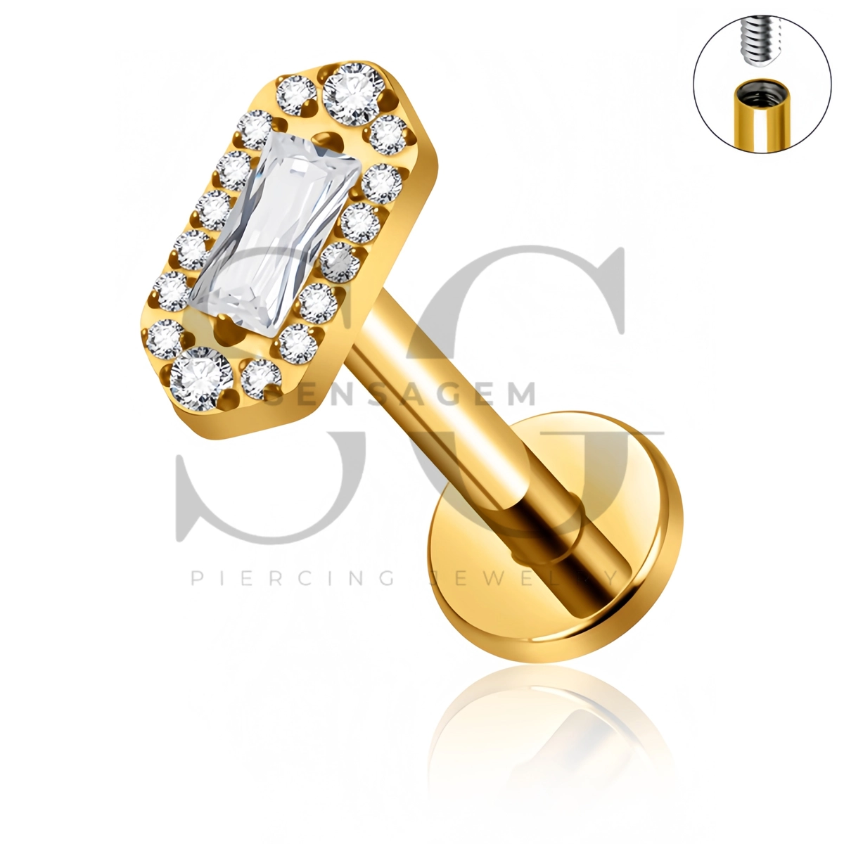 SG4551 ASTM F136 Titanium Baguette CZ Halo Flat Back Labret Stud - Afbeelding 2