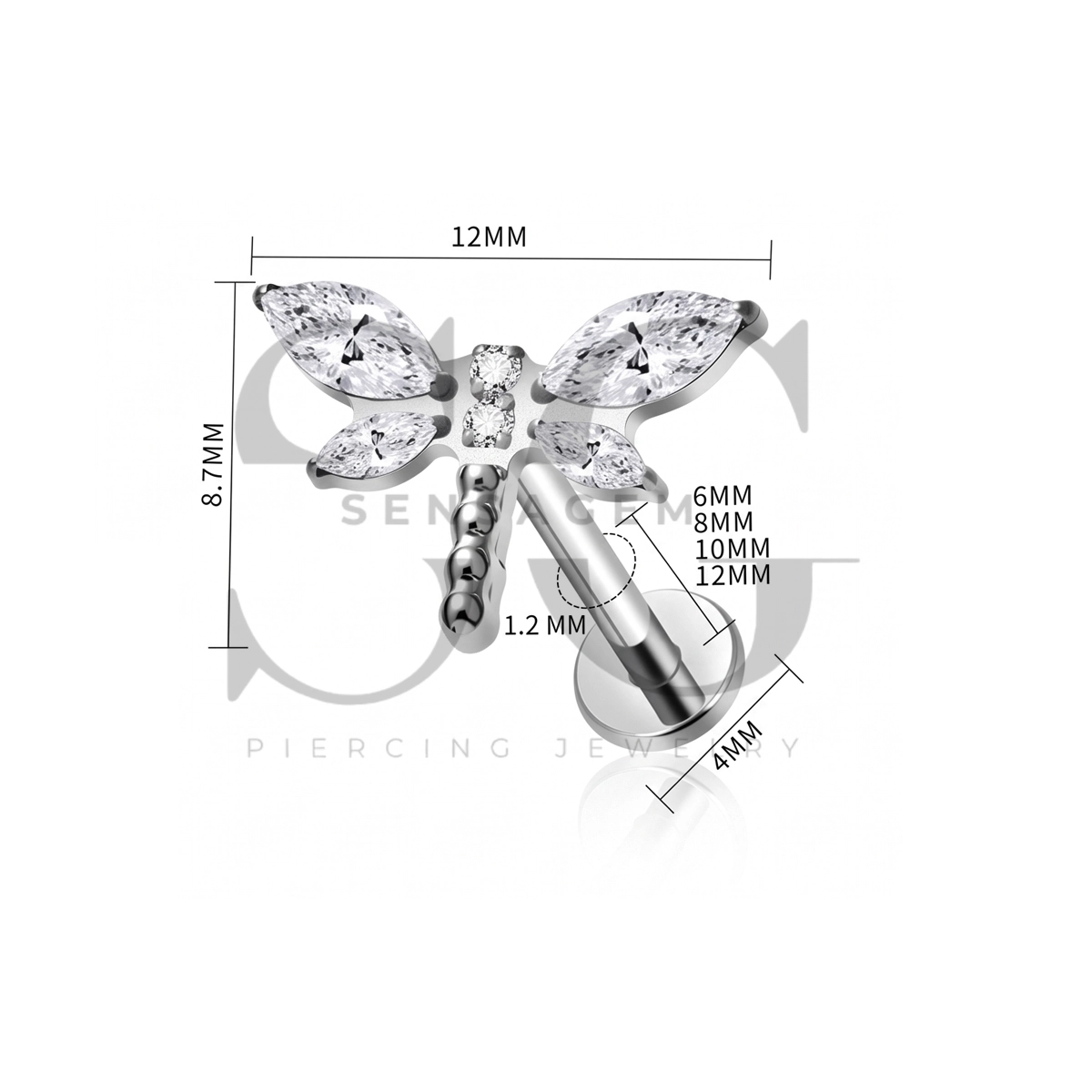 SG4553 ASTM F136 Titanium Dragonfly CZ Lip Fang Long ThreadLabret Stud - Afbeelding 4
