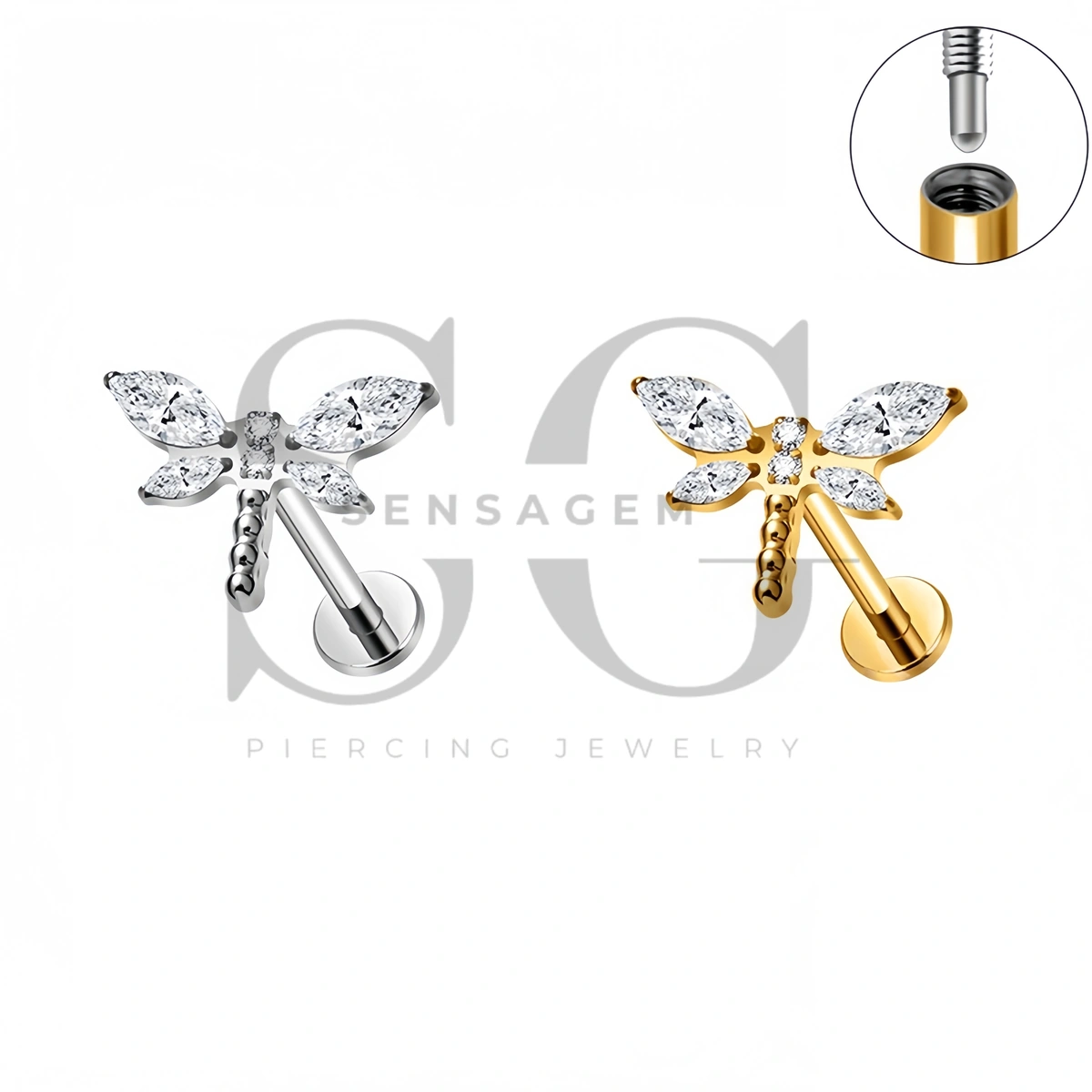 SG4553 ASTM F136 Titanium Dragonfly CZ Lip Fang Long ThreadLabret Stud