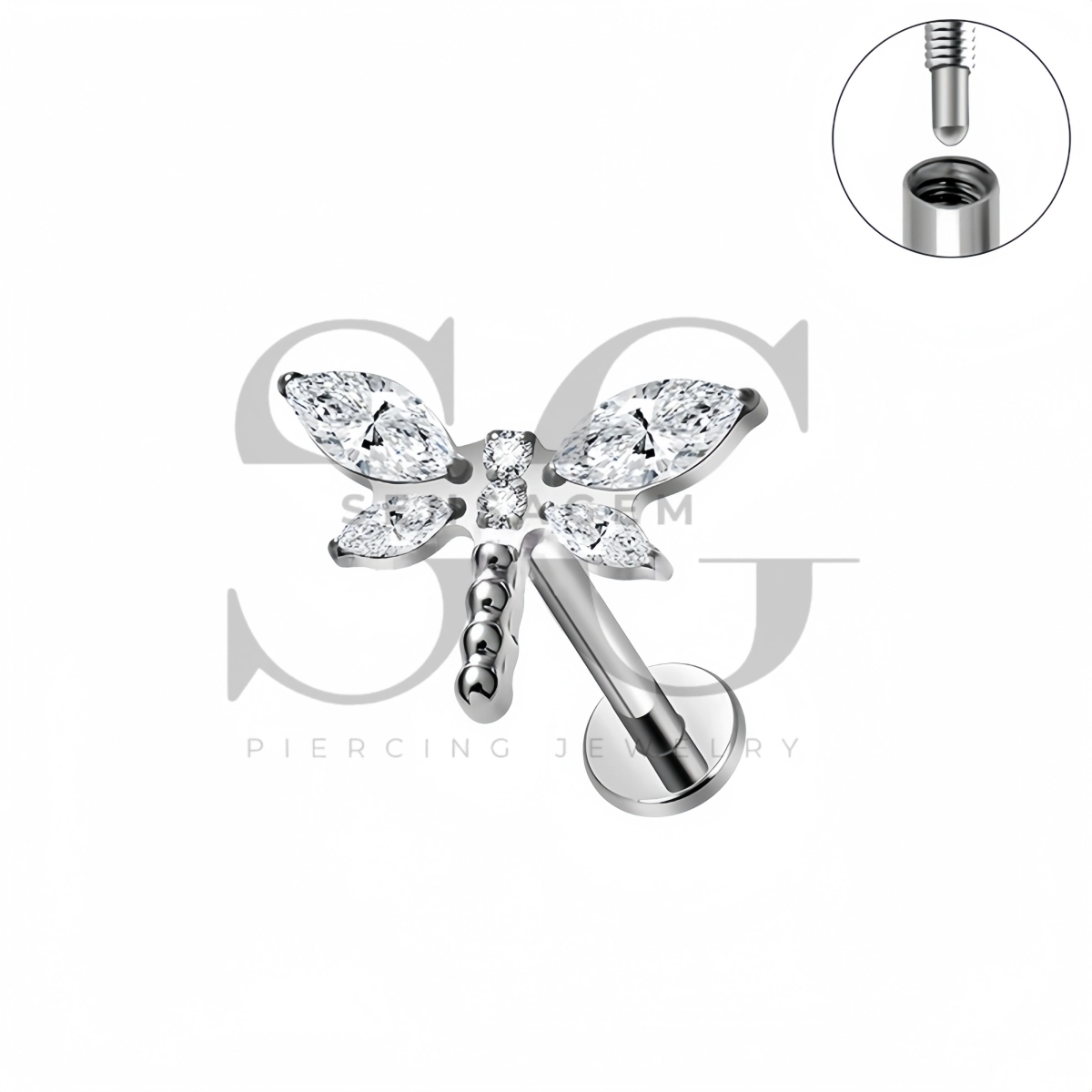 SG4553 ASTM F136 Titanium Dragonfly CZ Lip Fang Long ThreadLabret Stud - Afbeelding 3