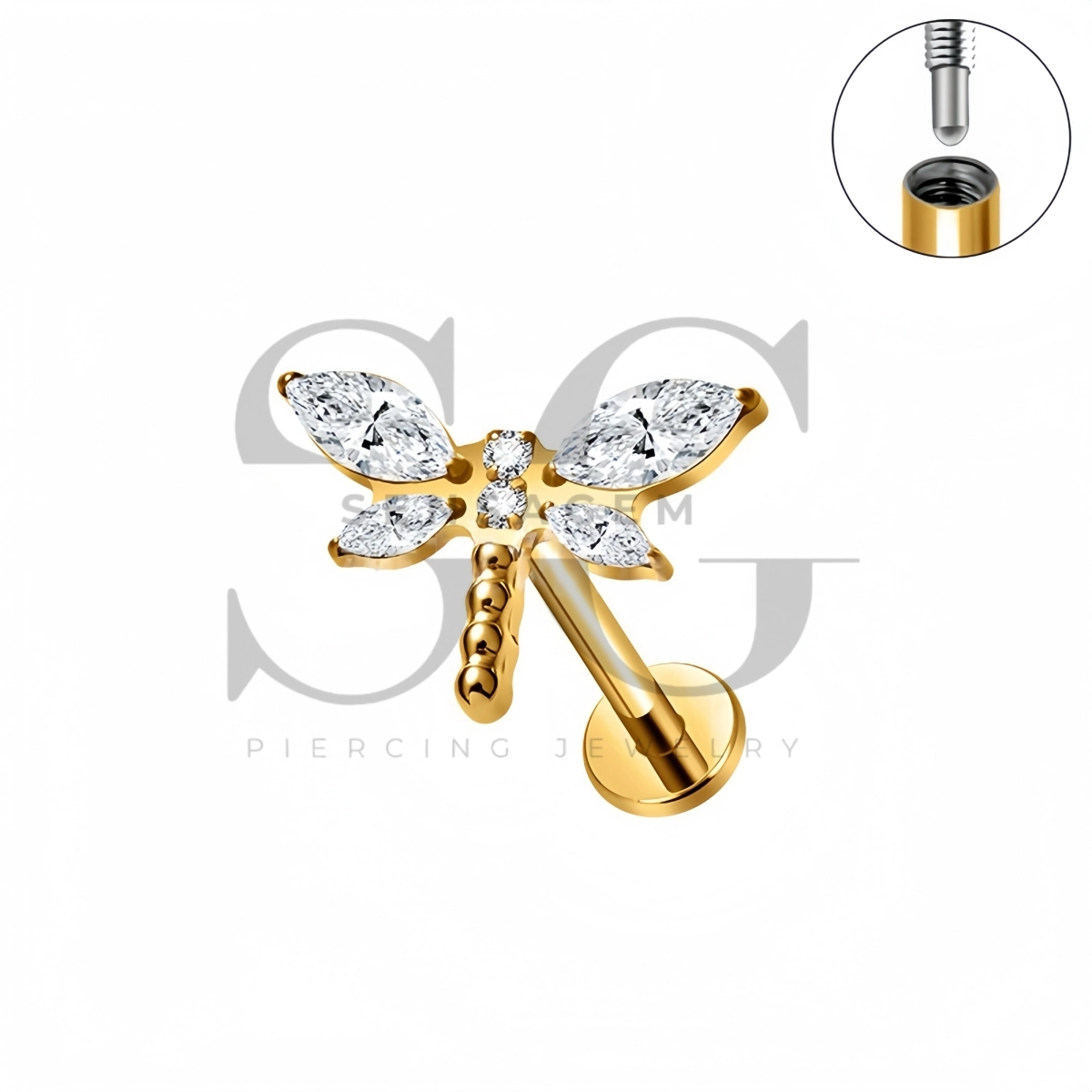 SG4553 ASTM F136 Titanium Dragonfly CZ Lip Fang Long ThreadLabret Stud - Afbeelding 2