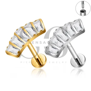SG4557 ASTM F136 Titanium Curved Baguette CZ Lip Fang Long Thread Labret Stud
