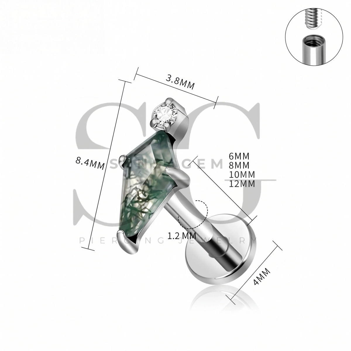 SG4558 ASTM F136 Titanium Kite Moss Agate Lip Fang Labret Stud - Afbeelding 2