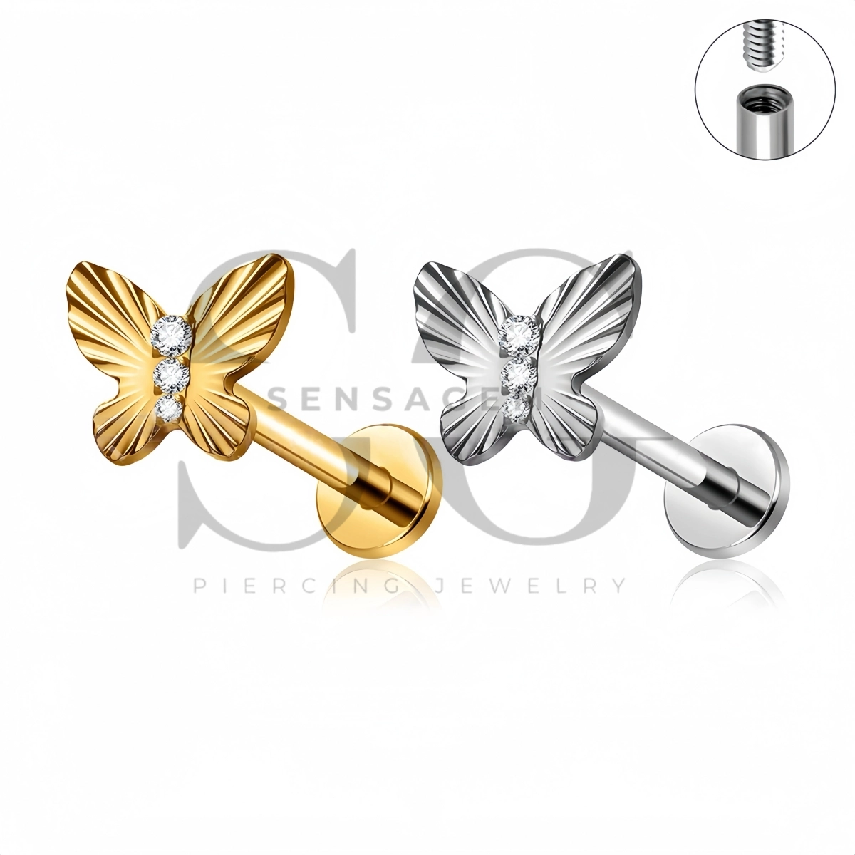 SG4561 ASTM F136 Titanium Butterfly CZ Lip Fang Labret Stud