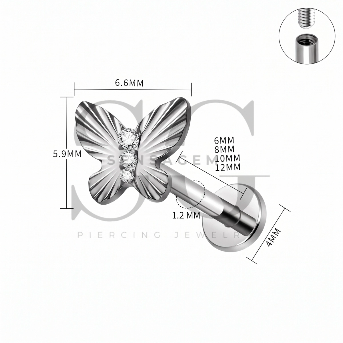 SG4561 ASTM F136 Titanium Butterfly CZ Lip Fang Labret Stud - immagine 2