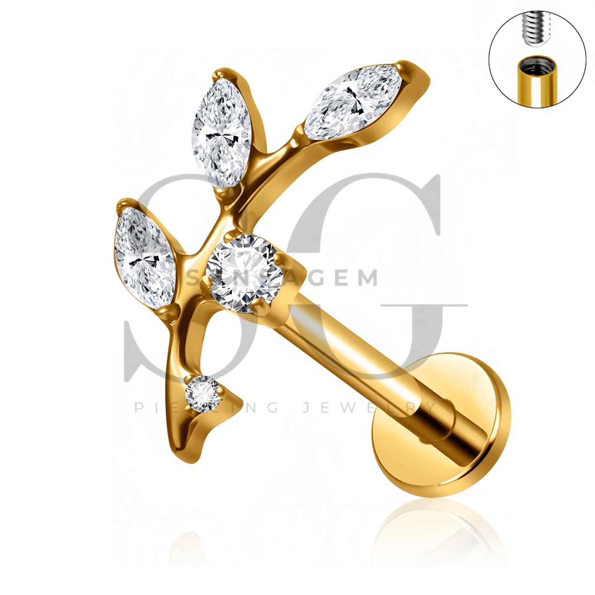 SG4563 ASTM F136 Titanium Marquise Leaf Vine Lip Fang Labret Stud - Afbeelding 2