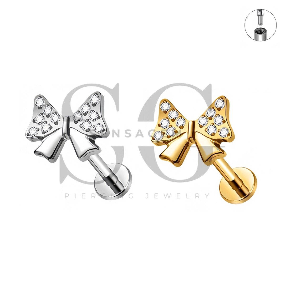 SG4567 ASTM F136 Titanium Pave Bow CZ Lip Fang Labret Stud