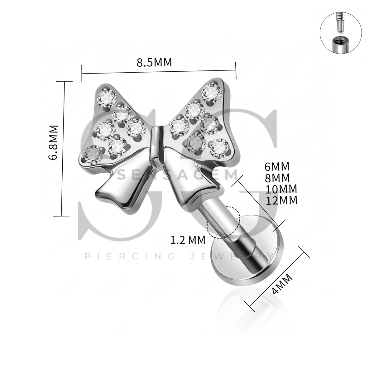 SG4567 ASTM F136 Titanium Pave Bow CZ Lip Fang Labret Stud – Bild 4