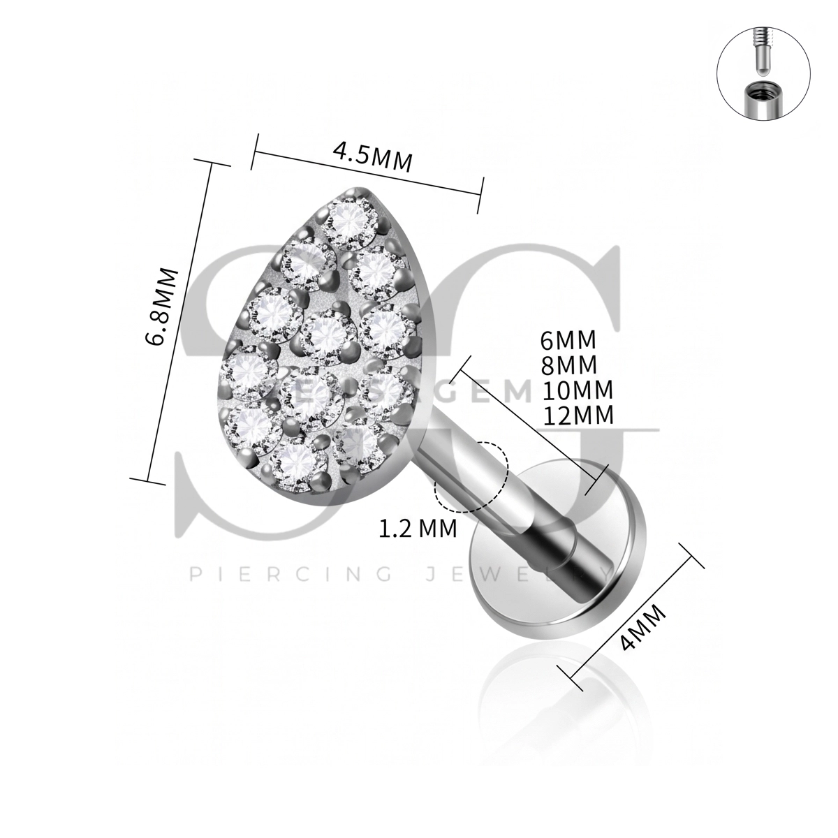 SG4568 ASTM F136 Titanium Pave Pear CZ Lip Fang Labret Stud - Afbeelding 4