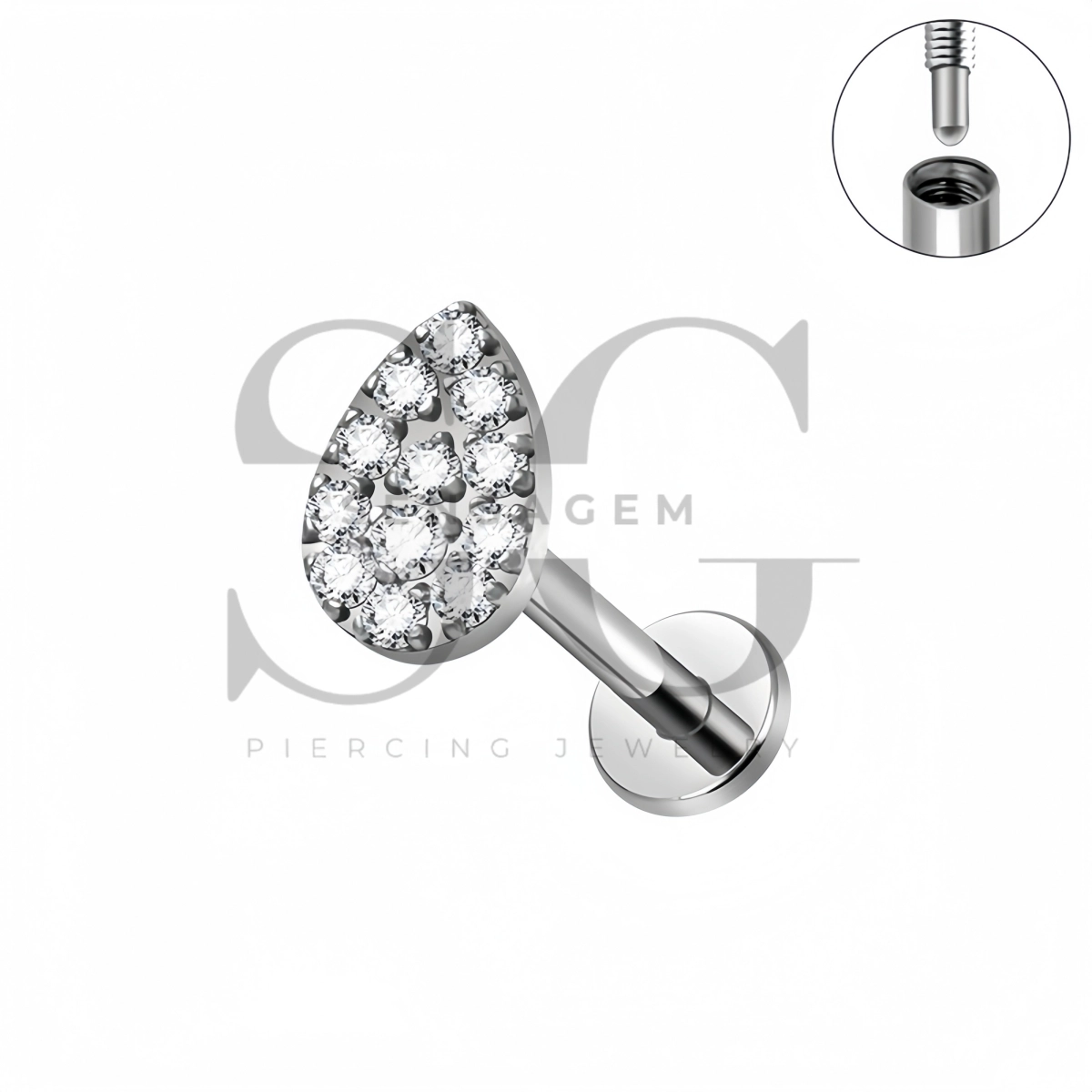 SG4568 ASTM F136 Titanium Pave Pear CZ Lip Fang Labret Stud - Afbeelding 3