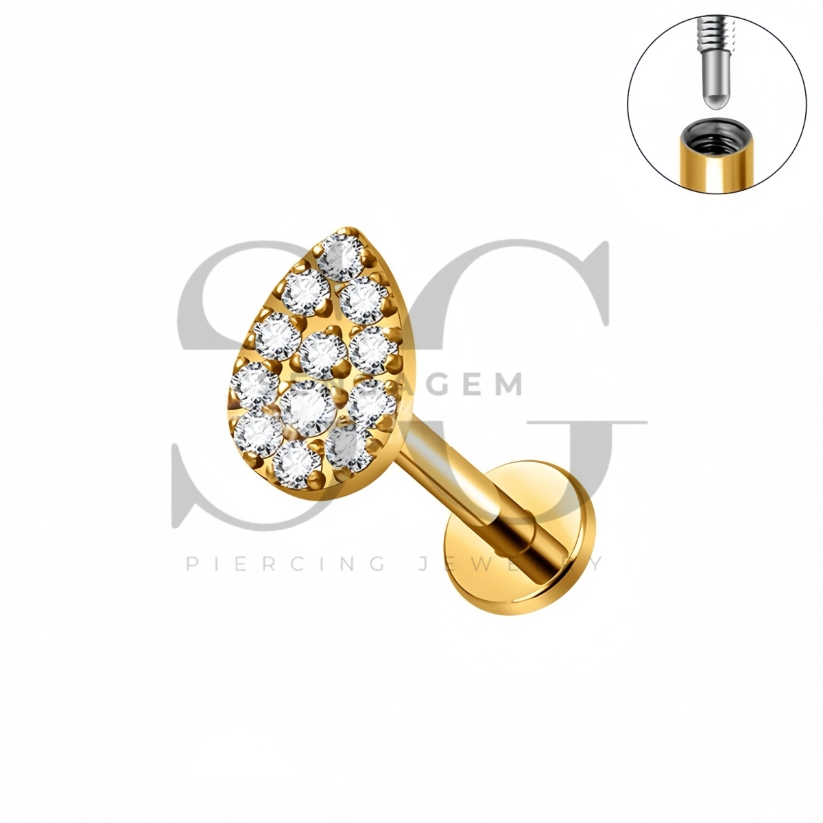 SG4568 ASTM F136 Titanium Pave Pear CZ Lip Fang Labret Stud - Afbeelding 2