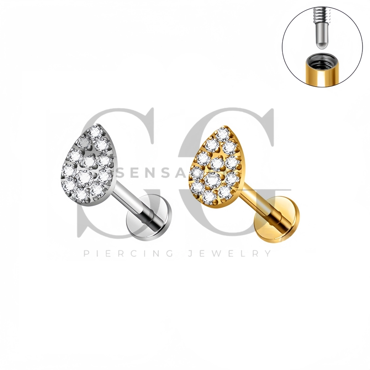 SG4568 ASTM F136 Titanium Pave Pear CZ Lip Fang Labret Stud